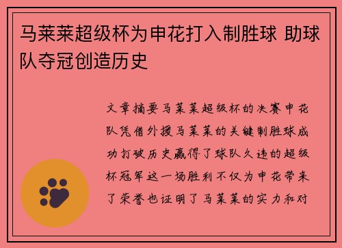 马莱莱超级杯为申花打入制胜球 助球队夺冠创造历史